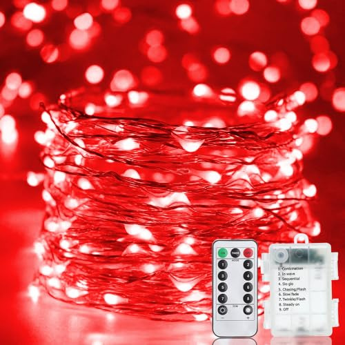 LED Lichterkette Batterie, 20M 200LEDs Außen Lichterketten Rot, Halloween Weihnachten Kupferdraht Batteriebetrieb Beleuchtung mit Fernbedienung 8 Modi Timer Wasserdicht für Innen Garten Terrasse Baum