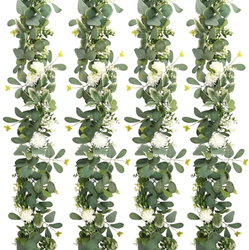 UXORSN 4 Stück Künstliche Eukalyptus Girlande Weihnachten Weiße Hortensien Efeu Hängepflanze Kunstpflanze Reben Gefälschte Schmetterling Grün Blättergirlande für Hochzeit Party Wand Tisch Dekor