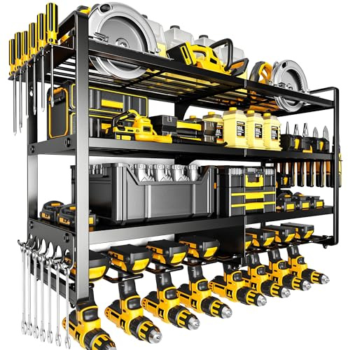 POKIPO Large Power Tool Organizer Wall Mount,4 Layers Heavy Duty Metal Loads 400lbs,Power Tool Shelf Battery Storage with 8 Cordless Drill Holder,Utility Racks for Garage Workshop