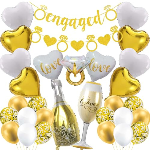 Engagement Party Decorations Gold Balloon - 30 Pcs Glitter Engaged Banner, Diamond Ring Heart Champagne Gold Confetti Balloons for Bachelorette Bridal Shower Wedding Party Supplies
