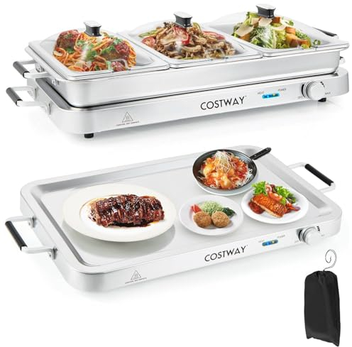COSTWAY 2 in 1 Electric Buffet Server, 3 x 2.5L Food Warmer with Warming Plate Function, Adjustable Temperature Control, Transparent Lids and Storage Bag, 450W Dual Function Hot Plate Chafing Dish