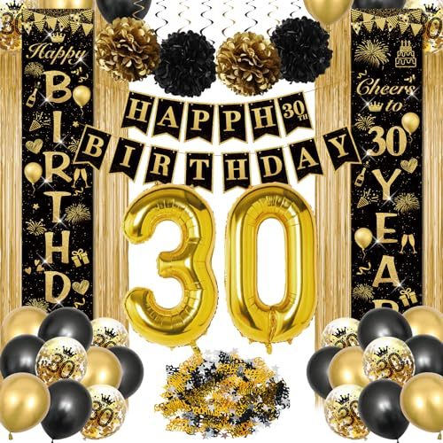30 Geburtstag Deko, Geburtstagsdeko Frau Männer, Happy Birthday Girlande, Luftballons Schwarz Gold Deko, Happy Birthday Tür Banner, Nummer 30 Folienballons,Lametta Vorhang, Konfetti Luftballons