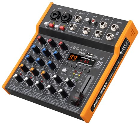 Professional 4-Channel DJ Audio Mixer interface - music sound mixer board with 48V Phantom Power, Bluetooth,，USB Audio Interface, 99 DSP Effects presets for Recording Studio，Karaoke，PC，Performance