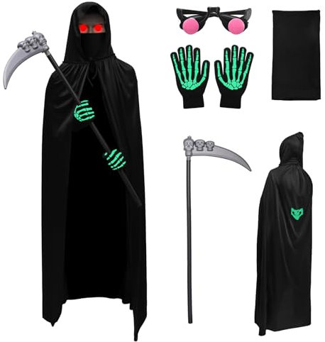 LIFEJXWEN 5Pcs Halloween Umhang Set mit Kapuze, Halloween Sensenmann Kostüm, 140cm Schwarzer Umhang mit Kapuze Cape, mit Sense, Maske, Handschuhe und leuchtende Gläser