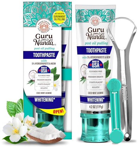 GuruNanda Hydroxyapatite Toothpaste, SLS & Fluoride Free, Whitening Toothpaste - Freshens Breath, Fights Plaque - Natural CocoMint Jasmine Neem, 4.2oz