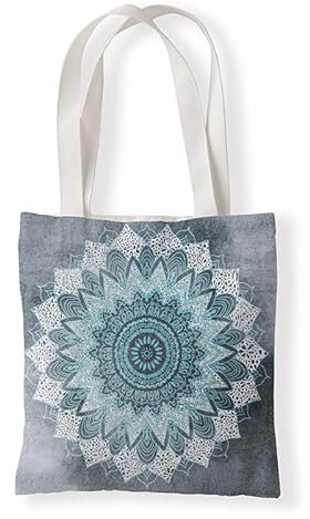 Homeyang Jutebeutel Grau Blau Mandala Stoffbeutel Canvas Wiederverwendbare Beuteltasche Damen Kinder Büchertasche Einkaufsbeutel mit Henkeln Stofftasche Waschbar Tote Bag 33x37 cm