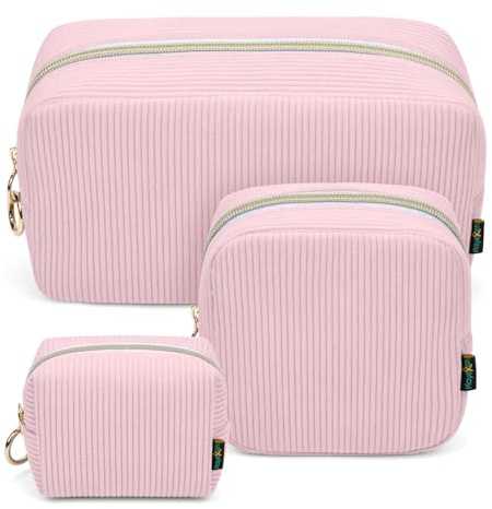 3 Stück Kosmetiktasche Kleine Make up Tasche Verdickt Cord Schminktasche Kulturtasche Große für Damen Mädchen Frauen Reisetasche Tragbare Kulturbeutel Set Kosmetik Parfüm Tasche Organizer(Rosa)