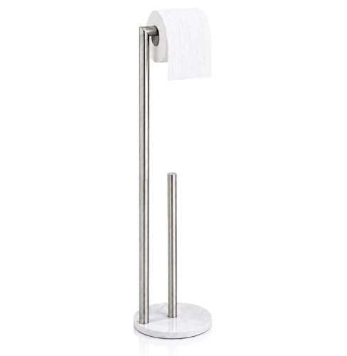 Marble Toilet Paper Holder Stand - Brushed Nickel, Freestanding with Storage, Floor Stand, Silver Toilet Roll Holder, Standing Paper Towel Holder