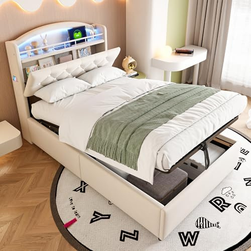 Merax Polsterbett 90x200cm, Multifunktionales Einzelbett mit LED-Licht und USB Ladeanschluss, für Jugend, Erwachsene, Samt, Beige (Ohne Matratze)