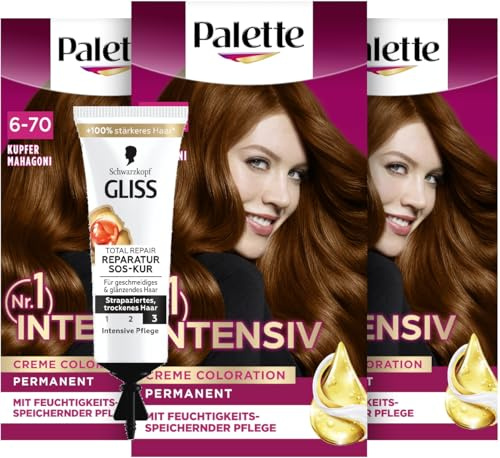 Palette Intensiv Creme Coloration 6-70 Copper Mahogany (3x 115 ml), permanente Haarfarbe für leuchtende, langanhaltende Farbbrillanz & SOS-Intensiv-Kur Total Repair (15 ml), Haarkur mit Keratin