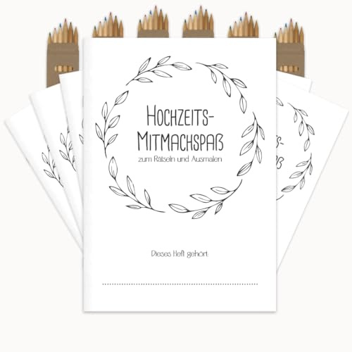 PuK Hochzeits-Mitmachspaß | Kinder-Beschäftigung Hochzeit Set | Malbuch & Rätselbuch für kleine Gäste | 6 oder 12 Hefte | Optional mit Buntstiften | Gastgeschenk Hochzeit Kinder (12, mit Buntstiften)