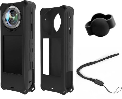 Silicone Case with Lens Cover for Insta360 X5, Protective Sleeve Soft Skin Lens Protector Cap Anti-Scratch Full Protection Body Case with Hand Strap for Insta 360 X5 Panoramic Action Camera (Black)