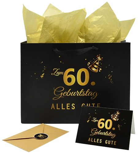 Geschenktüte 60 Geburtstag Geschenke Karte Umschlad Sticker Schwarz Geschenktasche mit Henkel Happy Birthday Tüte mit Seidenpapier für Frau Mann