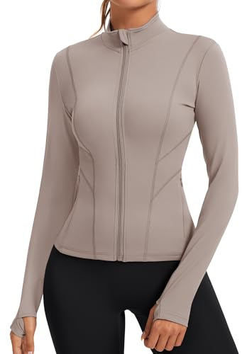 Rapbin Damen Langarm Gym Sport Tops Laufjacke Trainingsjacke Sportkleidung Frauen Sweatjacke Atmungsaktive Running Jacken Sportshirt Oberteil mit Daumenloch und Seitlichem Reißverschluss(Taupe,M)