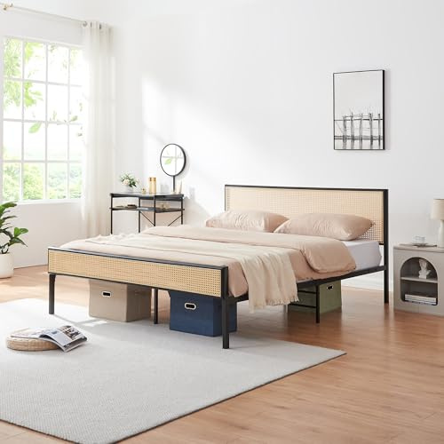 [en.casa] Bett Linköping 160 x 200 cm Bettgestell und Lattenrost Metallbett mit rechteckigem Kopfteil Doppelbett max. 300 kg Schwarz mit Rattanoptik