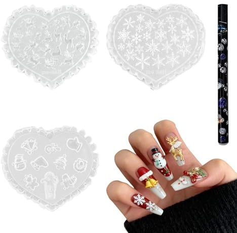 HICOHAND Lot de 3 moules en silicone pour breloques de Noël en relief - Pochoir en gel 3D - Cloches de Noël - Flocon de neige - Elk - Outils pour décoration d'ongles