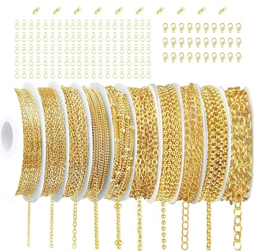 Jewelry Chain, DIY Spool Gold Jewelry Making Chains with Jump Rings, Stainless Steel Lobster Clasps, Women Bracelet Earring Craft DIY Supplies for DIY Craft Chain Making (10 Styles 2.4m (Gold))
