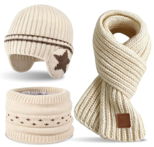 Cappello e Sciarpa per Bambini, Berretto invernale unisex, 2 pcs Sciarpa invernale, Sciarponcino lunga classica a coste waffle, Paraorecchie Foderato per l'Esterno Adatto a bambini e bambine