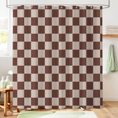 Hopomoon Cortina de ducha con diseño de tablero de ajedrez, color marrón y blanco, 180 x 180 cm, textil para baño, diseño retro, a cuadros, antimoho y resistente al agua, cortina de poliéster para