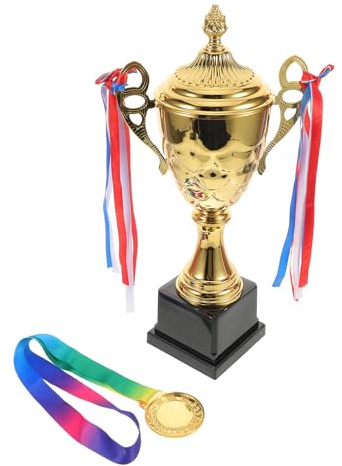 SUPVOX Set Trofei Sportivi e Medaglia D’Oro da 42 Cm con Nastro Colorato, Coppa Campionato e Medaglia di Premiazione per Competizioni Sportive e Cerimonie di Premiazione