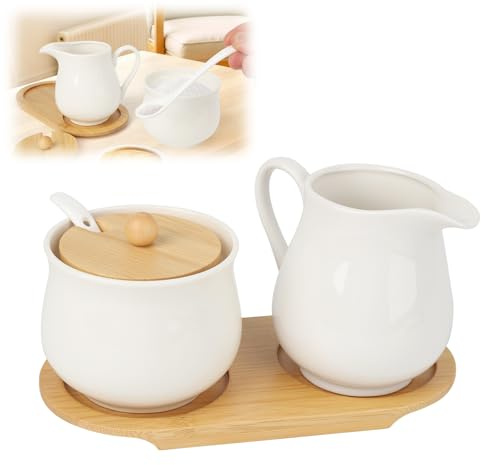 Milk Jug and Sugar Bowl Set, Ceramic Sugar and Cream Serving Set with Lid Spoon Tray, Sugar and Creamer Set Coffee Bar Accessories Coffee Serving Set for Breakfast, Microwave & Dishwasher Safe (White)