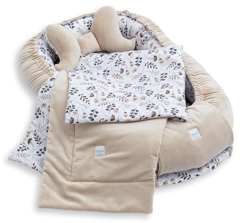 LOOLAY Babynest, Nestchen für Neugeborene – Baby Nestchen 91 × 63 cm mit Decke, Tragbares Nest aus Samtvelours & Baumwolle (BEIGE Velour/Blumen BRAUN)