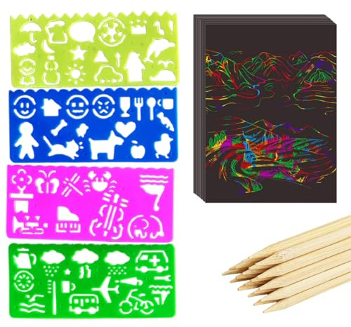 KAHZOR 50 Pezzi Scratch Art 4-12 Anni con 5 Bastoncini in Legno e 4 Stencil Riutilizzabili, Carta Arcobaleno Disegni Creativi, Set Fai-da-Te per Bambini, Regalo Perfetto Compleanni e Feste