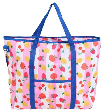 OHS Fruit Print Cool Bag Reusable Insulated Beach Bags for Women Thermal for Hot & Frozen Food Picnic Beach Tote Bag with Zip and Handles Large Picnic Bag Cooler Bags Holiday Essentials Handbags, Pink