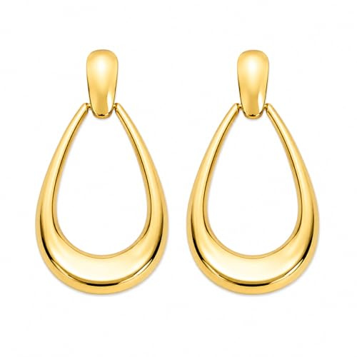 Chunky Gold Teardrop Hoop Earrings for Women – Gold Plated Lightweight Statement Dangle Hoops, Hypoallergenic Sculptural Drop Earrings, Trendy Fashion Jewellery Gift for Her