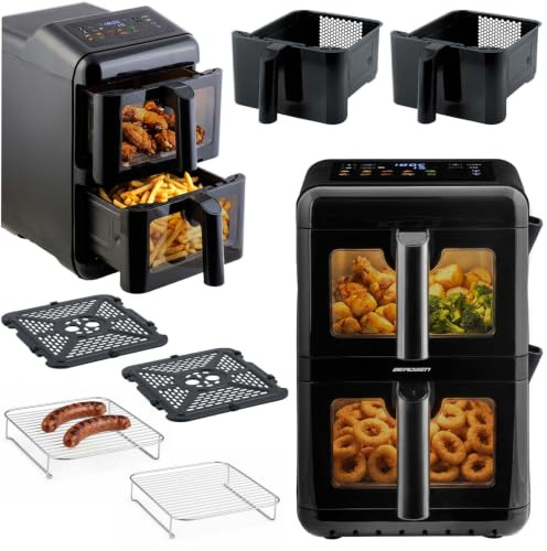 Berdsen Heißluftfritteuse Airfryer - 11,6 l - Doppelkammer vertikal 2 x 5,8 l - 3000 W, 9 Programme, Touchscreen und LED-Sichtfenster - Backen, Grillen und Dörren - Schwarz