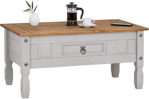 Corona Coffee Table Grey 1 Drawer Mexican Waxed Pine, Solid Wood Occasional