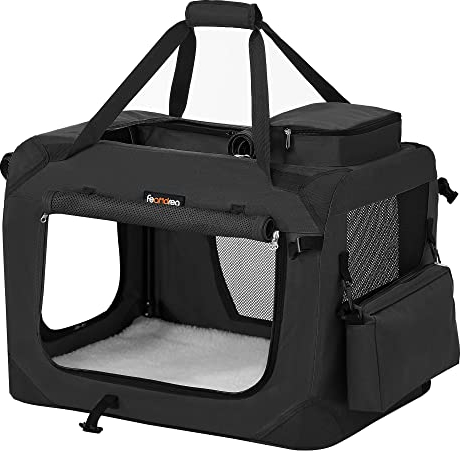 Feandrea Hundebox faltbar, Transportbox Hund, M, Hundetasche, Oxford-Gewebe, Netzstoff, atmungsaktiv tragbar transportabel, Metallrahmen, mit Griffen, Taschen, 60 x 42 x 42 cm, schwarz PDC60H