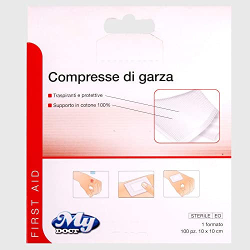 My Doct Compresse Di Garza Sterili% Cotone, Colore, Maxi Pack Pezzi, Bianco, 10x10 cm, 100 Unità