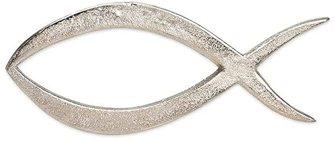 TEMPELWELT Deko Anhänger Deko Symbol Ichthys Christen Fisch 22 cm, Metall Silber foliert, Dekofigur zum Hinlegen, Anhänger Wandsymbol, Glückbringer Talisman Jesuszeichen