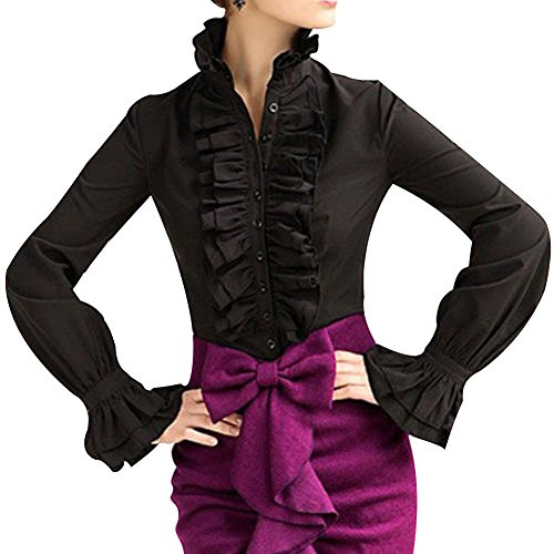 Loalirando Viktorianisch Stil Vintage Lolita Langarm Lotus Rüschenbluse Tops Business Party (M, Schwarz)