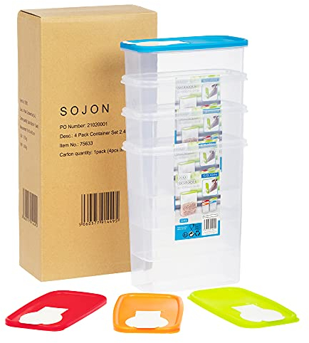 4 Piece Set of Plastic Kitchen Storage Box Dry Food Dispenser Container 2.4L with Air Tight Lid Ideal for Cereals, Rice, Pasta and Much More