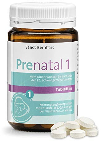 Sanct Bernhard Prenatal 1 | Kinderwunsch & Schwangerschaft | Folsäure, Jod, Zink, Vitamin C & Vitamin-B-Komplex | 90 Tabletten