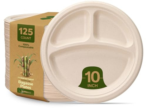 Comfy Package [10 Inch - 25 cm - 125 Count Heavy-Duty 100% Compostable Plates, 3 Compartment Eco-Friendly, Kraft Disposable Sugarcane Paper Plates - Brown Unbleached