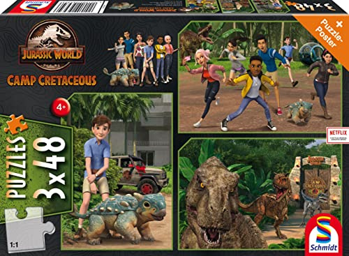 Schmidt Spiele 56434 Jurassic World, Neue, Abenteuer auf Isla Nublar, 3x48 Teile Kinderpuzzle, bunt