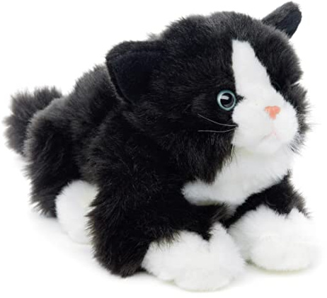 Uni-Toys - Chat avec voix (noir et blanc), couché - 20 cm (longueur) - Chaton en peluche - Doudou