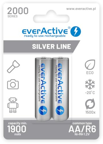 everActive Akku AA 2000 mAh 2 Stück, NI-MH, Mignon R6, wiederaufladbare Batterien, vorgeladen, Silver Line 1.2V, 1 Blisterkarte