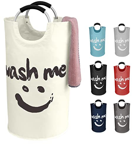 IHOMAGIC 95L Faltbar Wäschesammler Wäschetonne Stoff Wäschesack mit Griffe Dekorativer Wäschekorb mit Smiley Face für das Schlafzimmer - Wäschesortierer Aufbewahrungskorb Badezimmer Waschküche (Beige)
