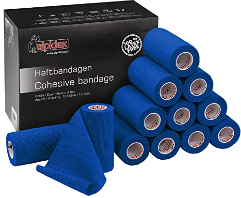 ALPIDEX 12 Rollen Haftbandage 10 cm x 4.5 m Selbstklebender Verband Pet Bandagen Fixierband Sport Vet Wrap Tape Selbsthaftend, Farbe:blau