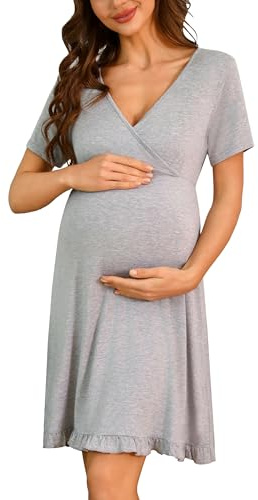 Bresdk Camicia da Notte Donna Camicia da Notte Parto Ospedale Allattamento Estiva Manica Corta Pigiama Premaman Volant Vestito Grigio,XL