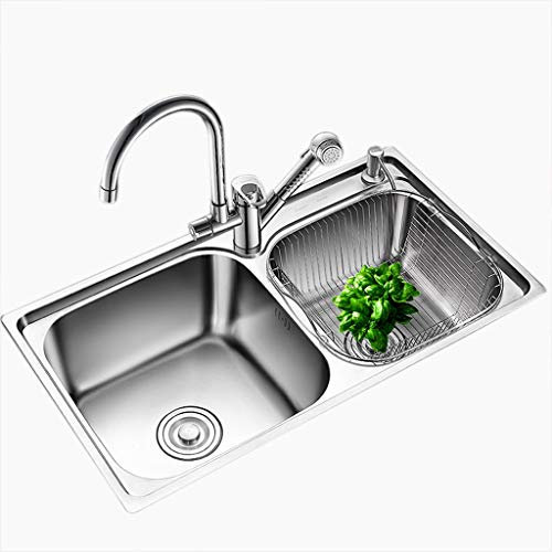 Accesorios de baño Cocina Fregadero doble Fregadero de plato de acero inoxidable Lavabo Limpieza de frutas Piscina Baño Lavabo Vajilla Fregadero de limpieza Lavabo Tazón doble (Color : Silver, Size :