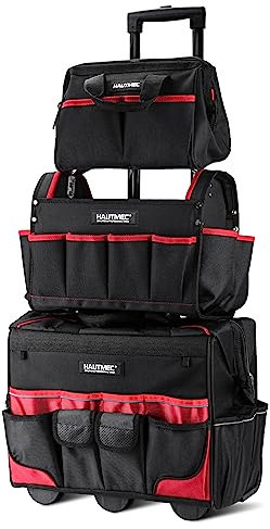 HAUTMEC 3-Piece Rolling Tool Bag Set – 18” Wheeled Tool Bag, 15” Electrician Tool Tote & 12” Wide Mouth Foldable Bag, 1680D Water-Resistant Heavy-Duty Portable Tool Storage – HT0287