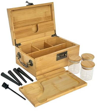 Large Bamboo Storage Box with Combination Lock & Accessories -Premium Stash Box Organizer Set with Handle & Removable Tray, Bamboo Smell Proof Container Home Decorative Box for Gift Birthday Christmas