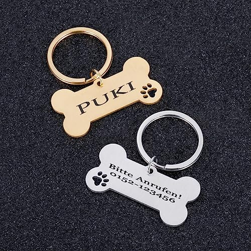 Hundemarke mit Gravur - Personalisiert mit Name - Namensschild für Halsband - Dog Tag - Anhänger Marke für Hunde - Knochen mit Pfote (Silber, Klein (40x21mm))