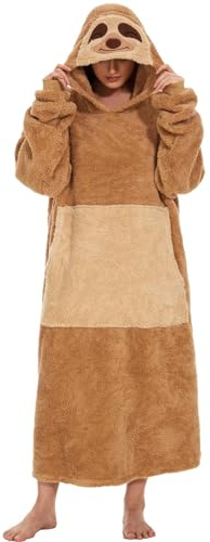 Coperta Indossabile con Maniche Felpe Gigante Coperta Pile con Tasca Frontale e Cappuccio TV Felpa Plaid Animale Divano Pigiama da Festa Donna Uomo Invernale Peluche Costume Carnevale (Bradipo)
