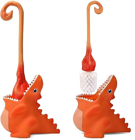 Creative Dinosaur Toilet Brush, Toilet Bowl Brush and Holder, Flexible Toilet Bowl Brush Head, Bathroom DinosaurToilet Bowl Brush for Deeply Cleaning,Cute Bathroom Accessories (Orange)
